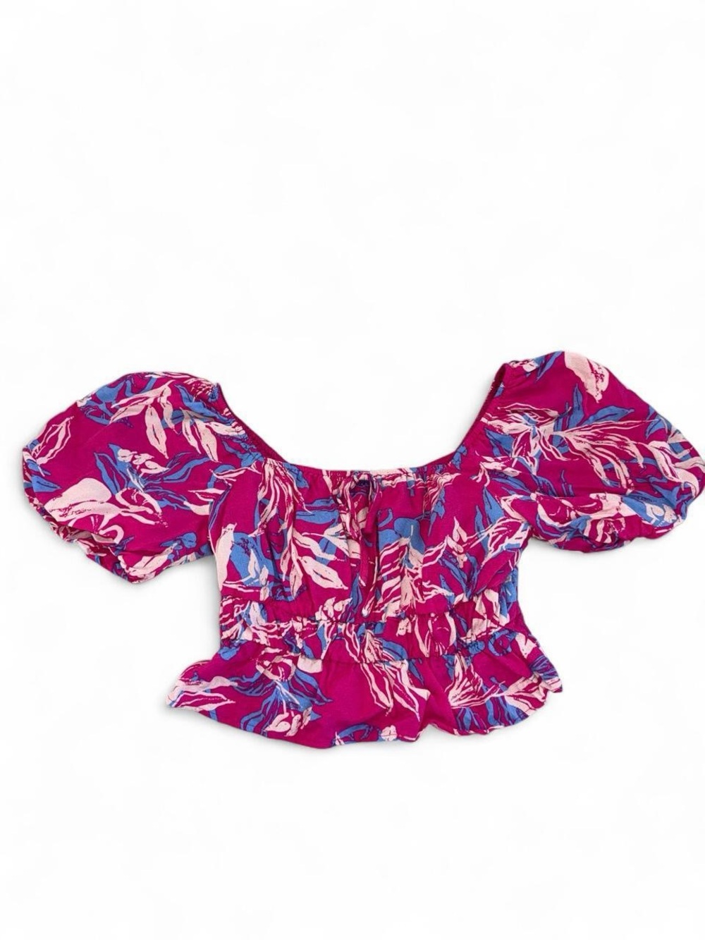 En Crème Vibrant Pink & Blue Floral Puff Sleeve Peplum Crop Top